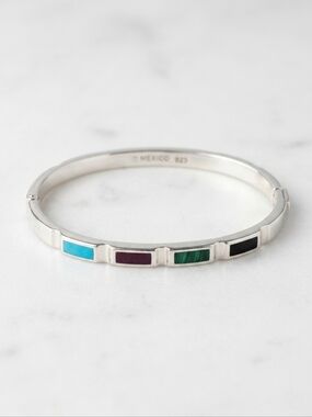 Vintage Mexican Sterling Silver Slim Hinged Mosaic Inlay Bracelet